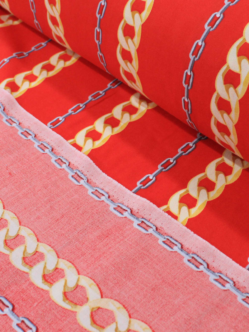 Tecido Viscose Correntes Vermelho e Dourado