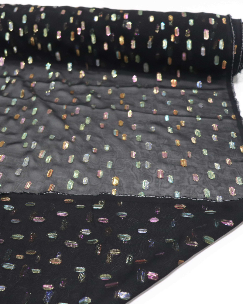 Tecido Crepe Chiffon Foil Colorido e Preto (COM DETALHES)