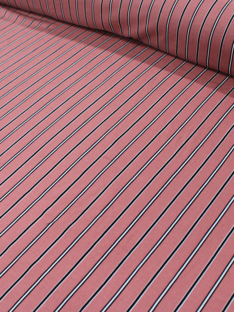 Tecido Viscose Listrado Goiaba, Preto e Branco