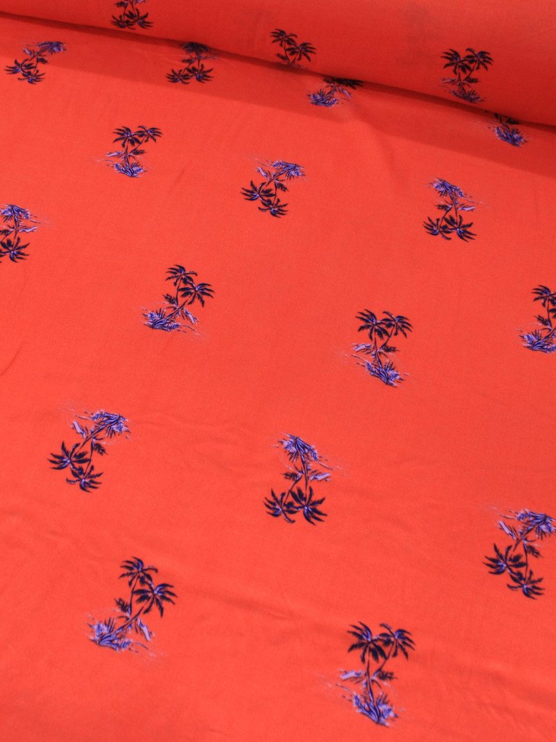 Tecido Viscose Mini Palmeiras Laranja e Azul