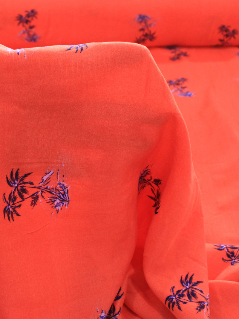 Tecido Viscose Mini Palmeiras Laranja e Azul