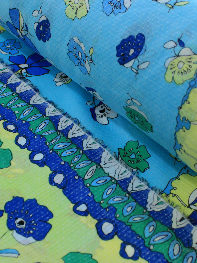 Tecido Viscose Floral Azul Amarelo e Verde