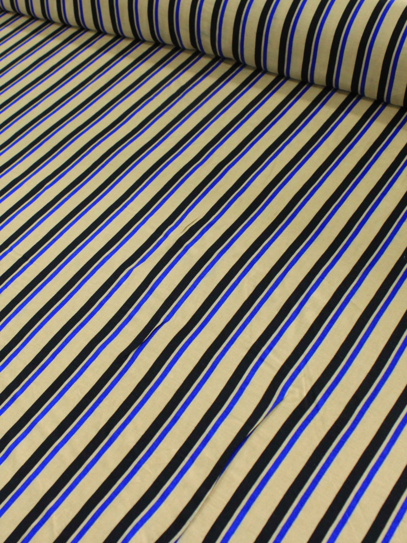 Tecido Viscose Listrado Bege Azul e Preto