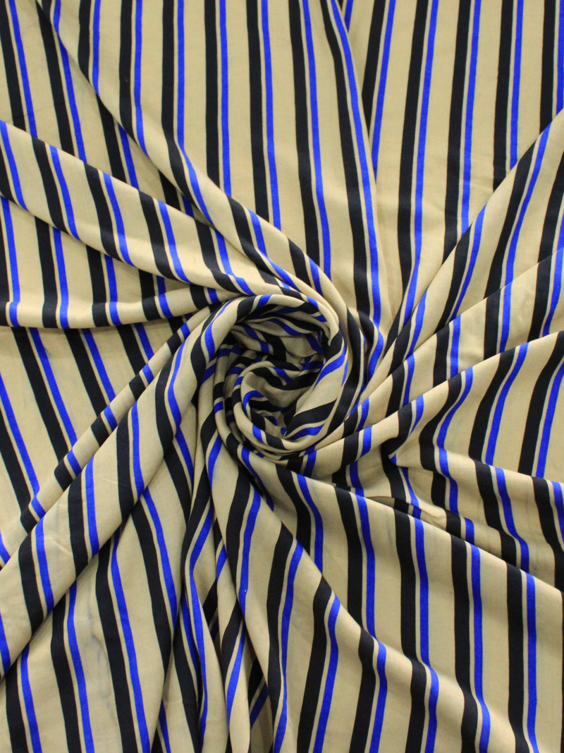Tecido Viscose Listrado Bege Azul e Preto