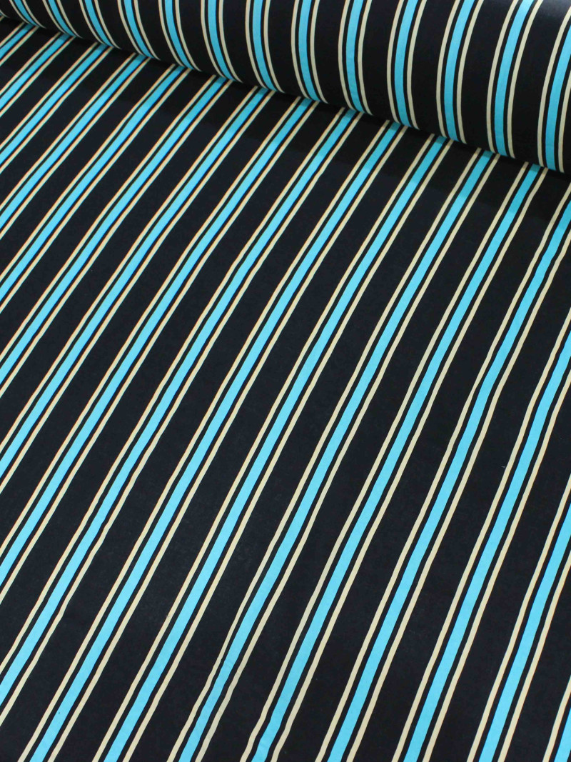 Tecido Viscose Listrado Preto Azul Turquesa e bege