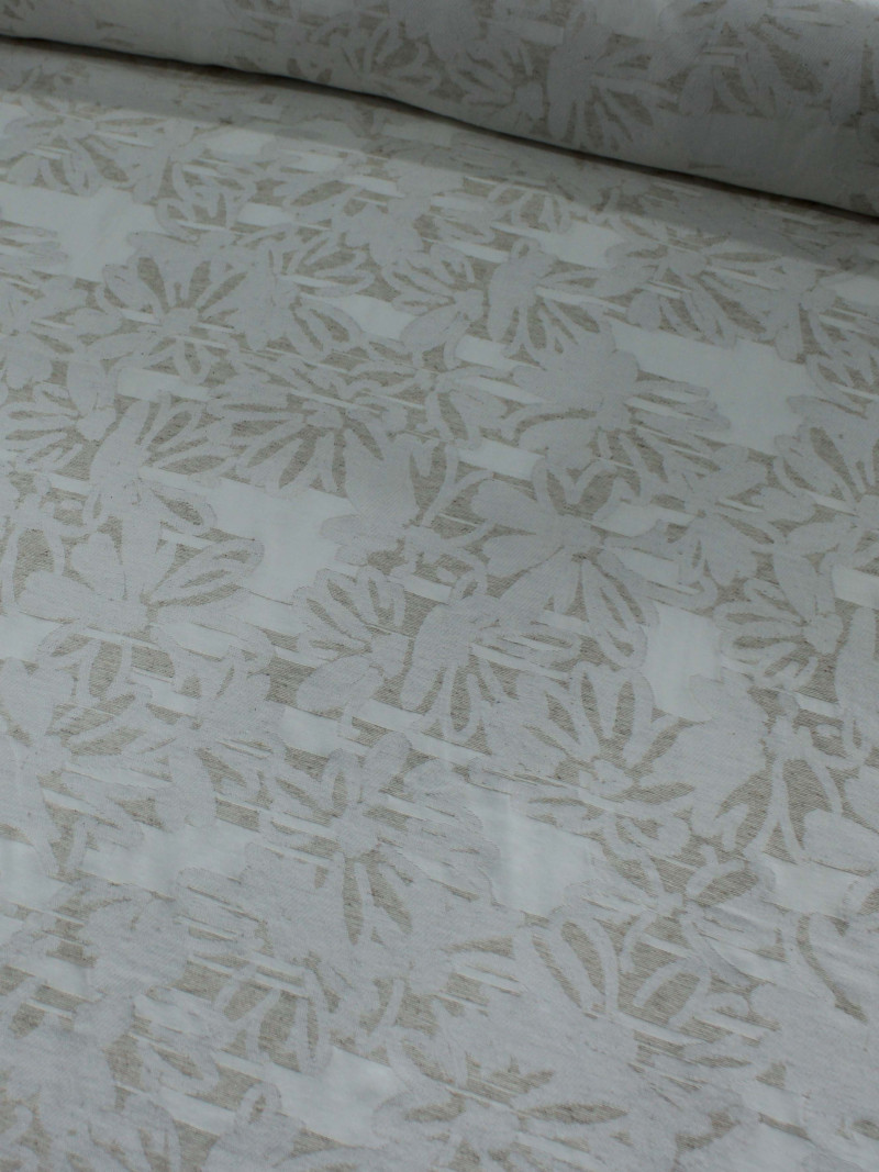 Tecido Viscolinho Brocado Devorê Floral e Geométrico Bege e Offwhite