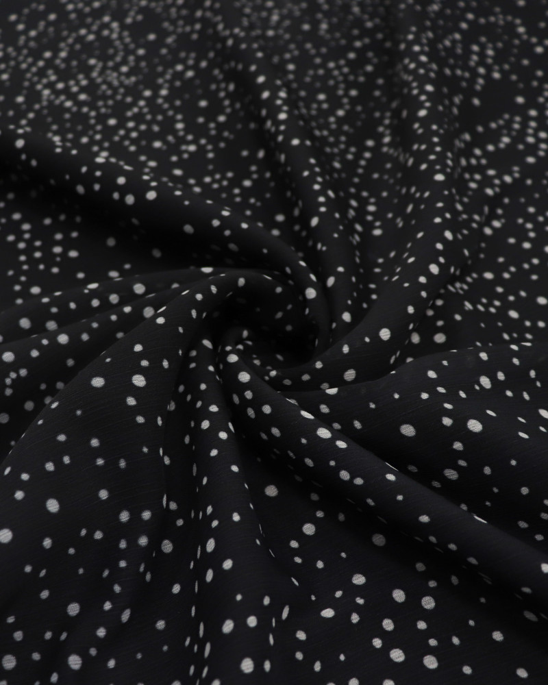 Tecido Crepe Chiffon Texturizado Micro Poá Irregular Branco e Preto