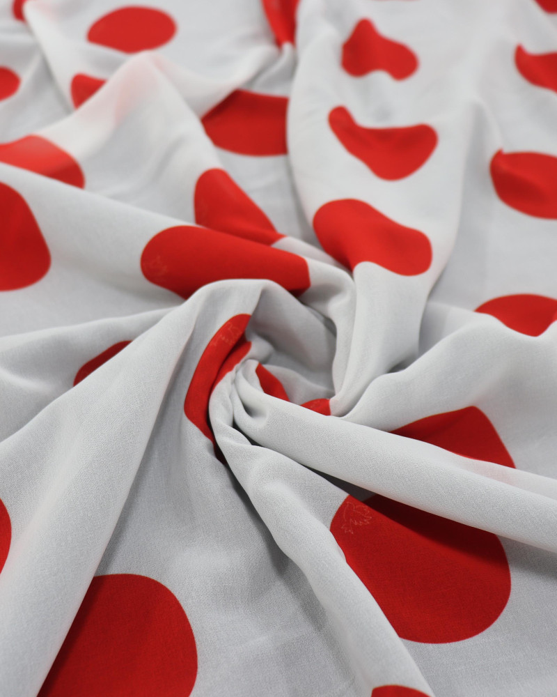 Tecido Crepe Chiffon Macro Poá Vermelho e Branco com Micro Pássaros