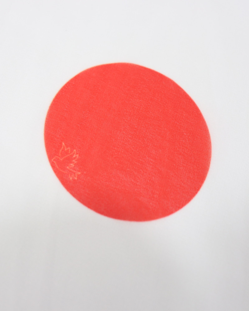 Tecido Crepe Chiffon Macro Poá Vermelho e Branco com Micro Pássaros