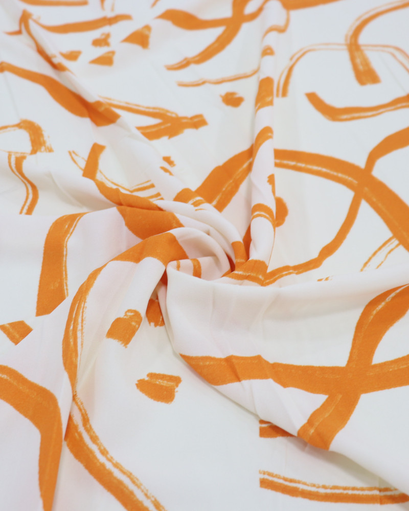 Tecido Crepe Koshibo Pinturas Abstratas Laranja e Offwhite