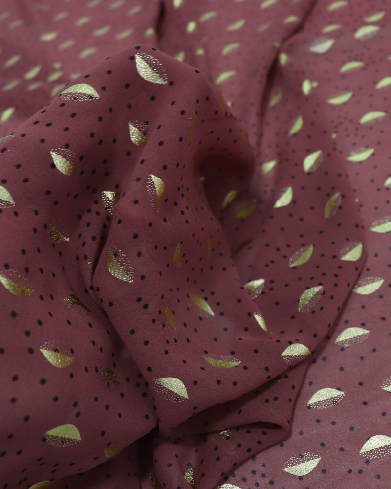 Tecido Crepe Chiffon Toque de Seda com Foil Micro Poá Preto e Goiaba