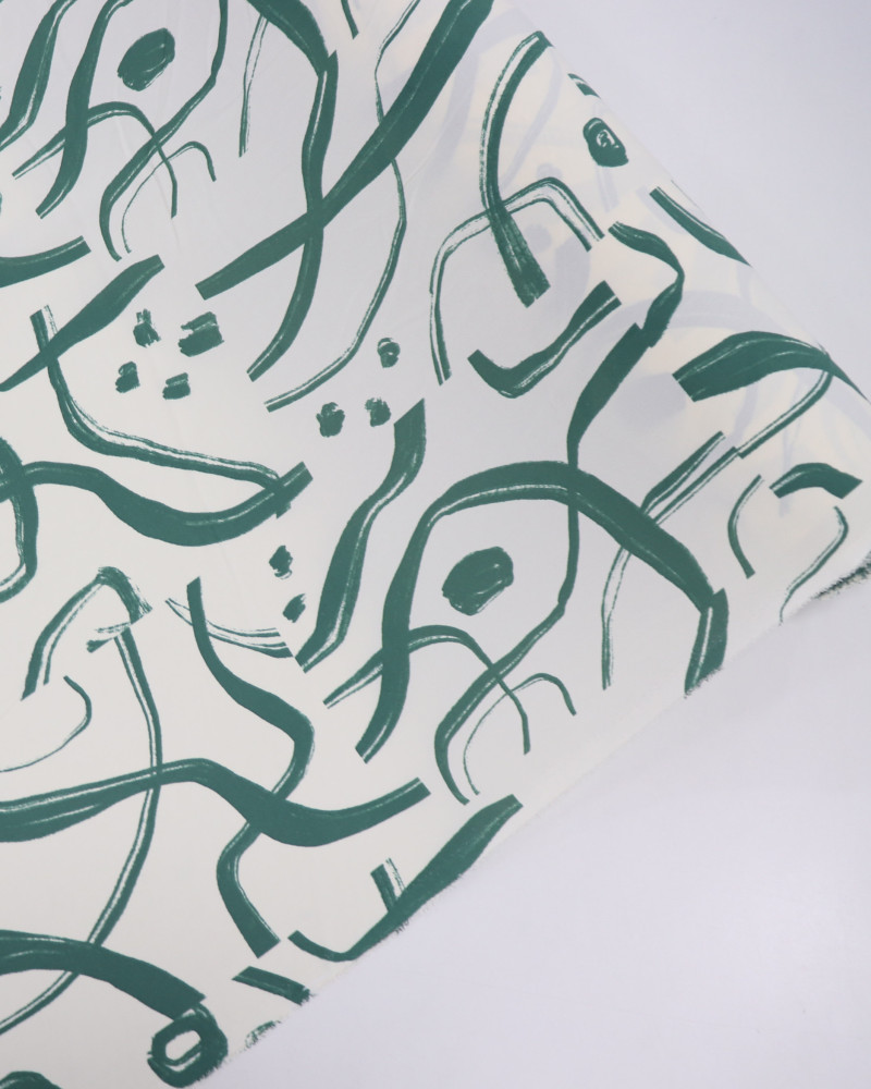 Tecido Crepe Koshibo Pinturas Abstratas Verde Esmeralda e Offwhite