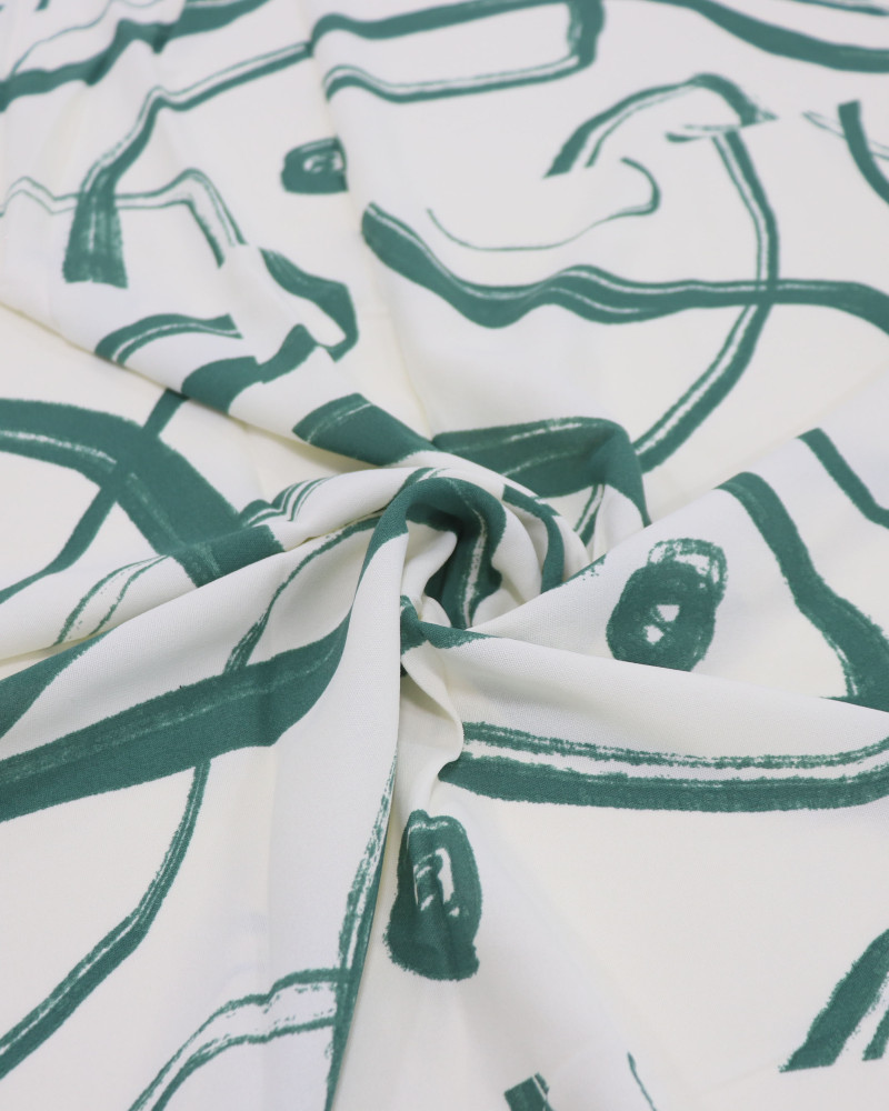 Tecido Crepe Koshibo Pinturas Abstratas Verde Esmeralda e Offwhite