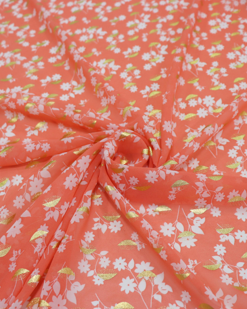 Tecido Crepe Chiffon Toque de Seda com Foil Floral Branco e Coral