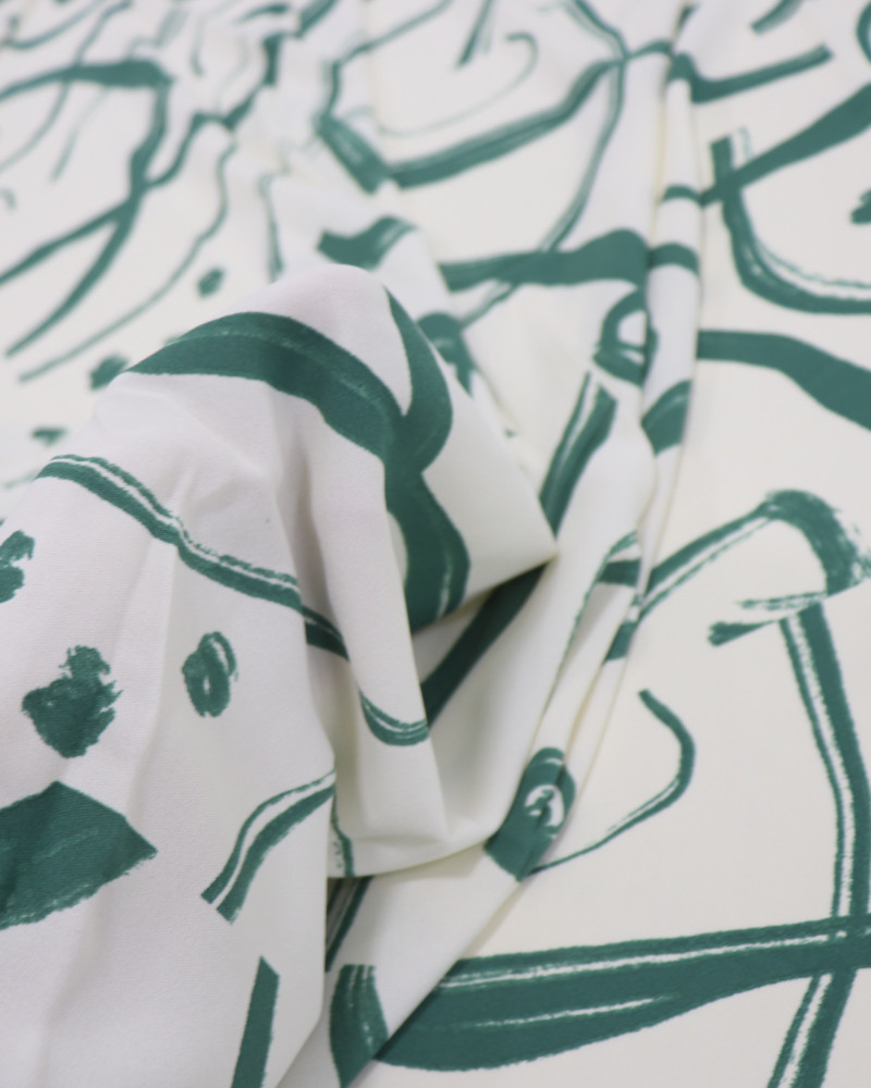 Tecido Crepe Koshibo Pinturas Abstratas Verde Esmeralda e Offwhite