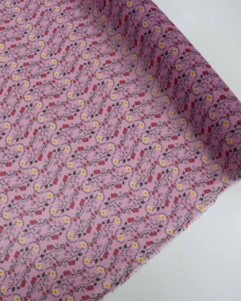 Tecido Crepe Chiffon Texturizado Barrado Floral Vermelho e Rosa