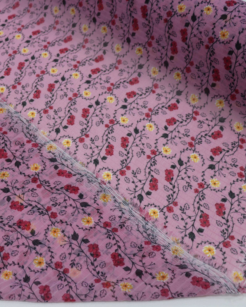Tecido Crepe Chiffon Texturizado Barrado Floral Vermelho e Rosa