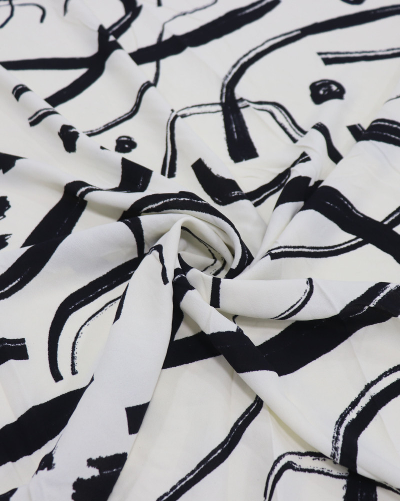 Tecido Crepe Koshibo Pinturas Abstratas Preto e Offwhite