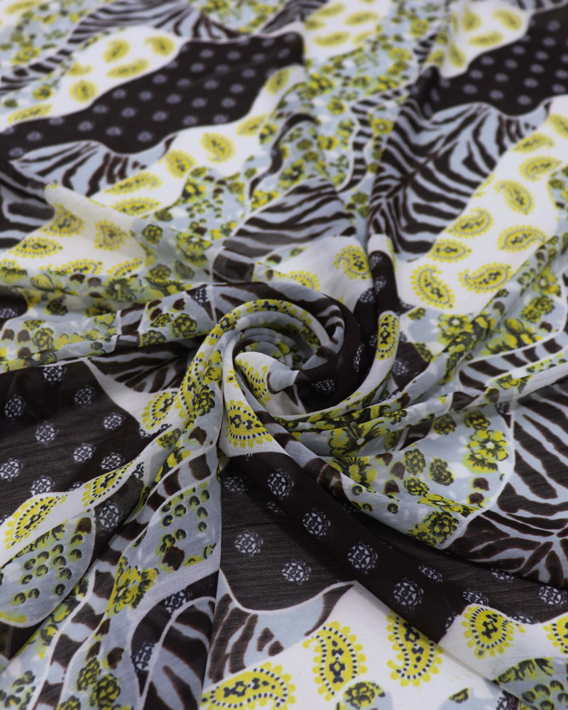 Tecido Crepe Chiffon Estampa Diversa em Recortes Marrom e Amarelo