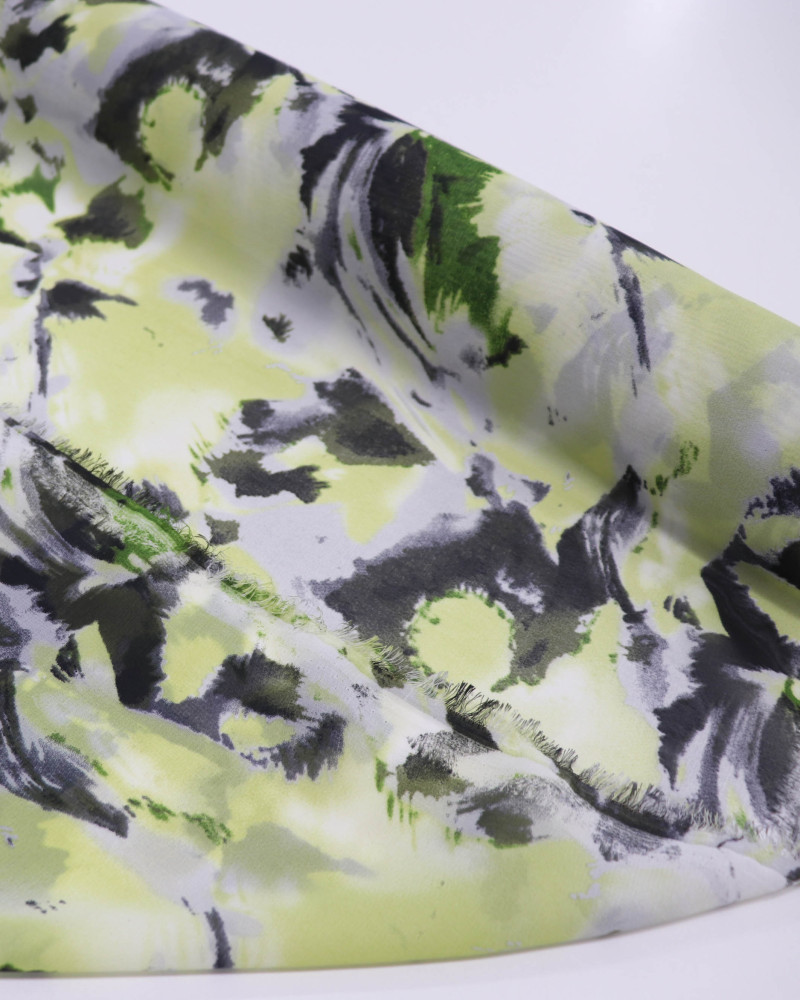 Tecido Crepe Chiffon Abstrtato Verde e Amarelo Claro