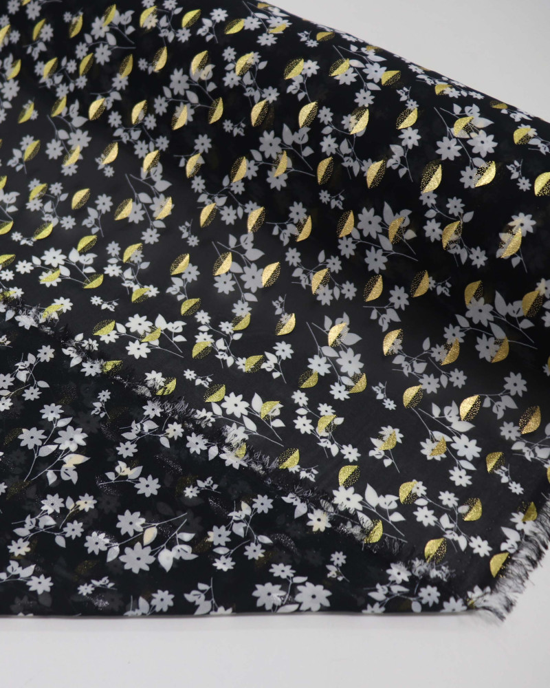 Tecido Crepe Chiffon Toque de Seda Com Foil Floral Branco e Preto
