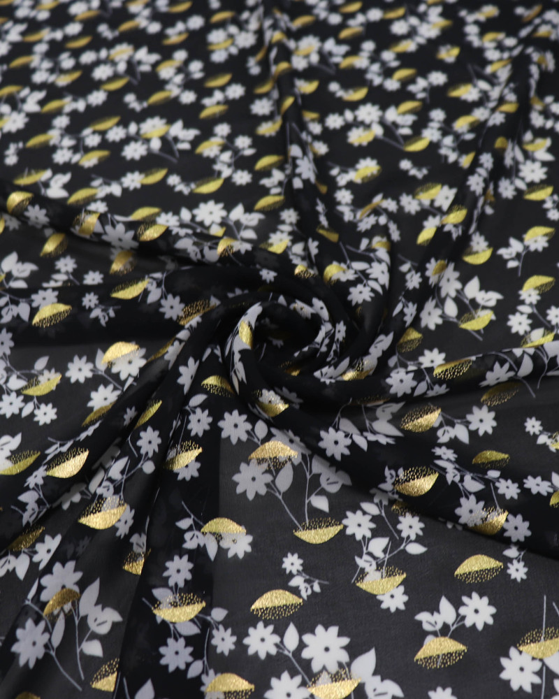 Tecido Crepe Chiffon Toque de Seda Com Foil Floral Branco e Preto