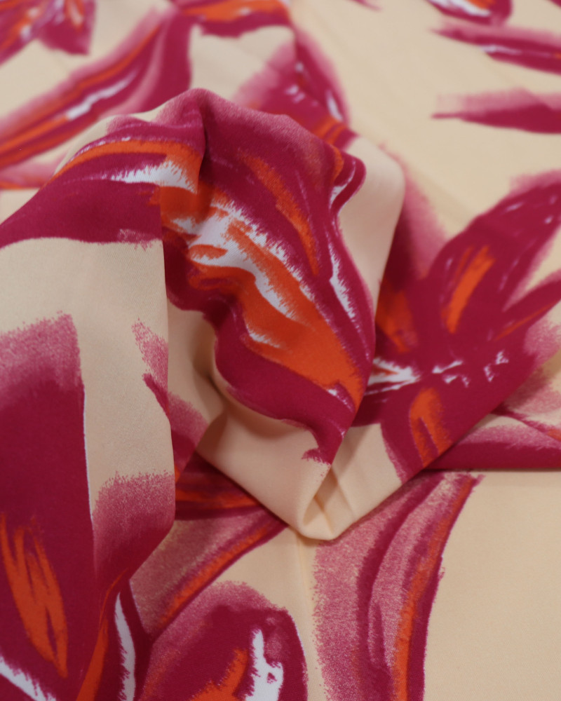 Tecido Crepe Koshibo Lírios Rosa e Bege
