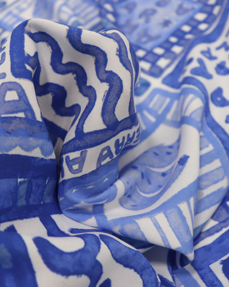 Tecido Viscose Premium Estampa Lenço Brasilidade Tons de Azul