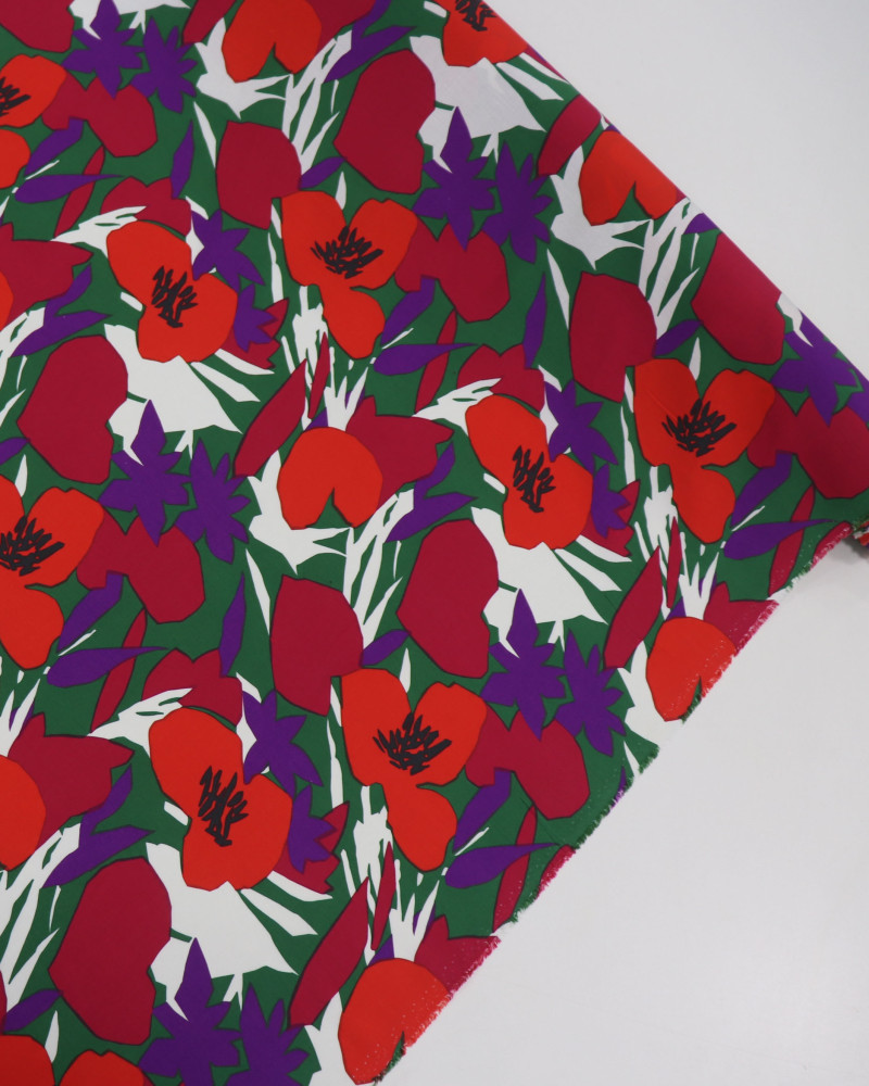 Tecido Linho Misto Italiano Pintura Floral Vermelho e Roxo
