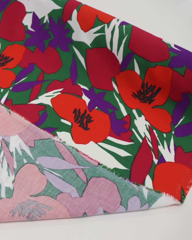 Tecido Linho Misto Italiano Pintura Floral Vermelho e Roxo