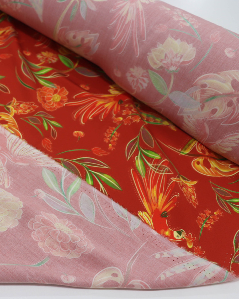 Tecido Viscose Premium Estampa Tropical Araras Vermelho