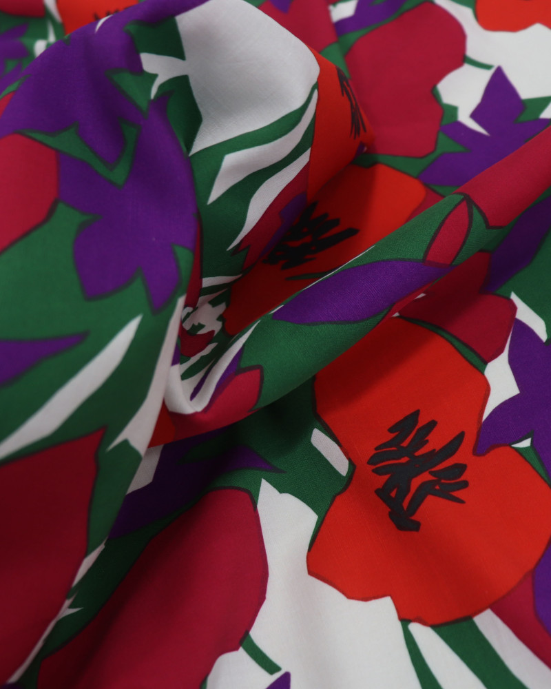 Tecido Linho Misto Italiano Pintura Floral Vermelho e Roxo