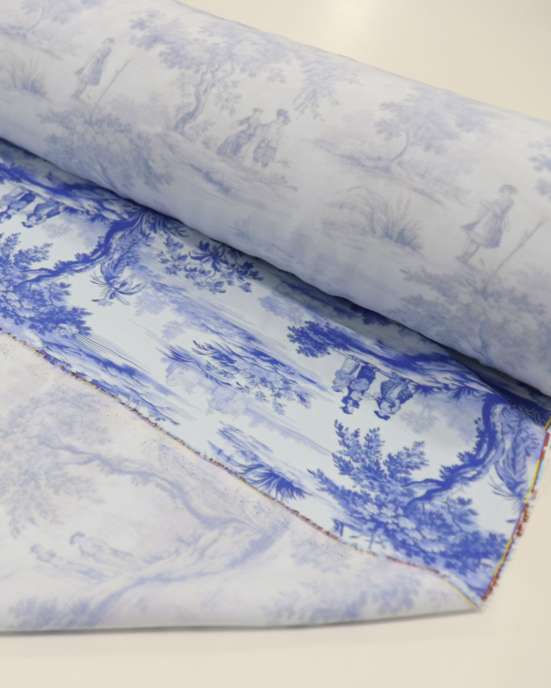 Tecido Viscose Premium Toile de Jouy Tons de Azul