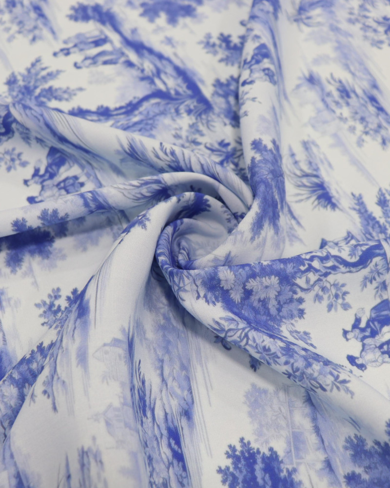 Tecido Viscose Premium Toile de Jouy Tons de Azul