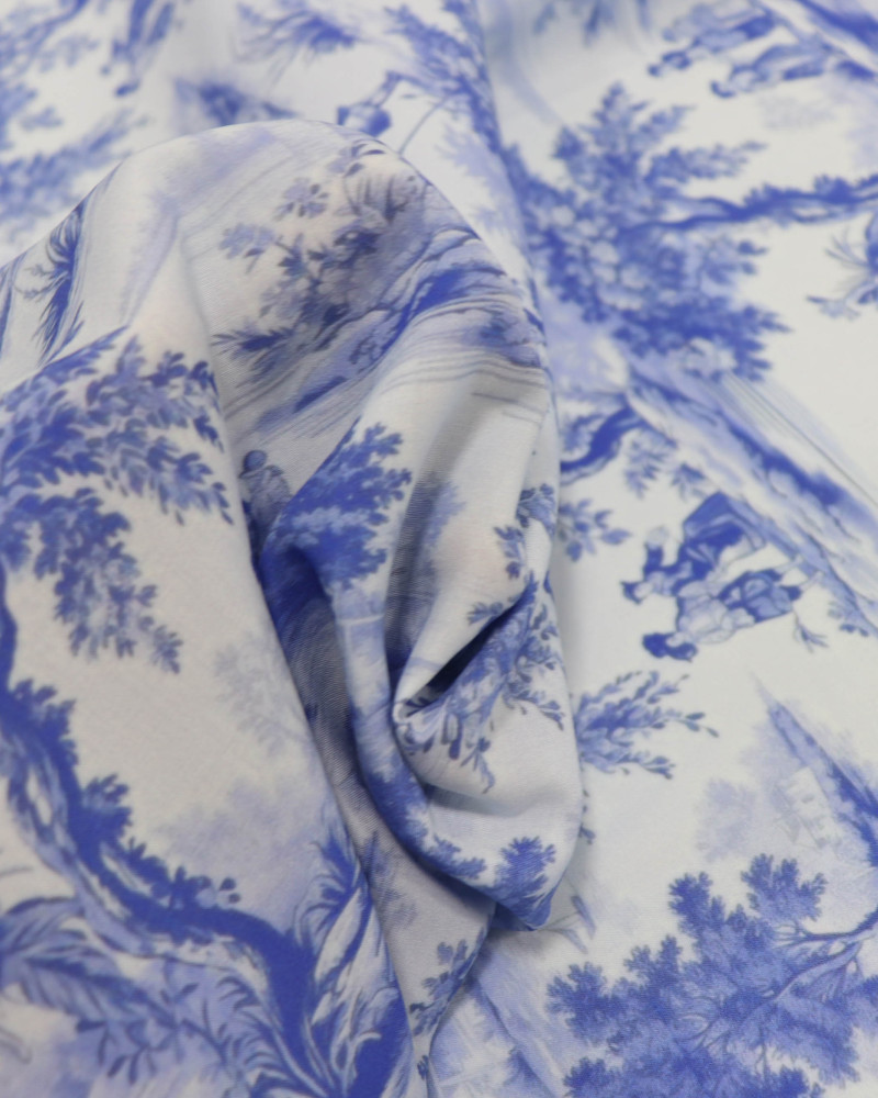 Tecido Viscose Premium Toile de Jouy Tons de Azul