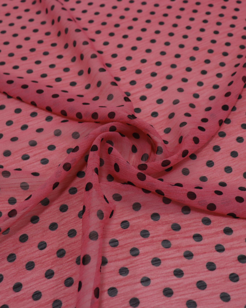 Tecido Crepe Chiffon Poá Preto e Rosa Chiclete