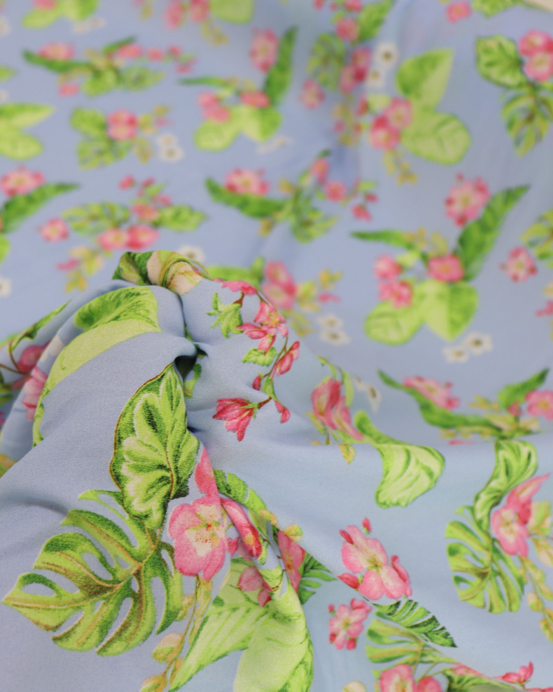 Tecido Crepe GGT Floral e Costela de Adão Azul