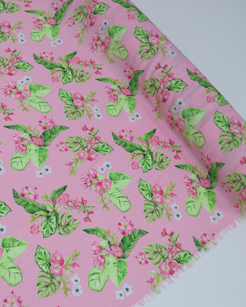 Tecido Crepe GGT Floral e Costela de Adão Rosa