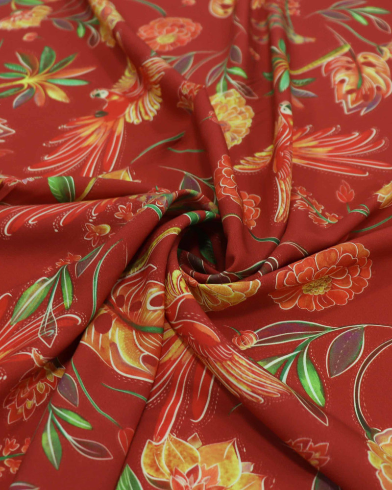 Tecido Viscose Premium Estampa Tropical Araras Vermelho