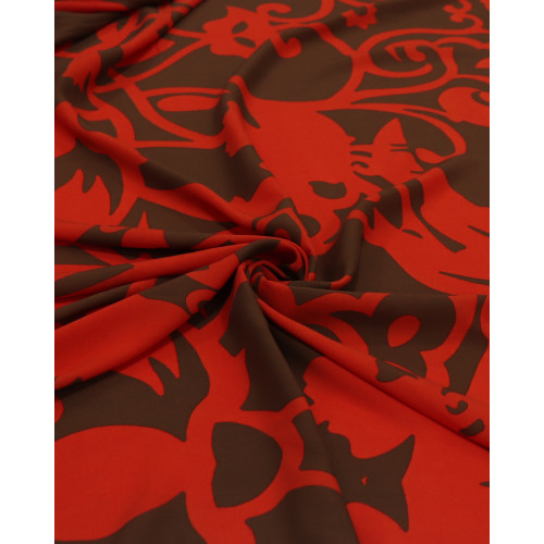 Tecido Viscose Fina Italiano Macro Folhagens e Arabescos Marrom e Vermelho (0.5m)