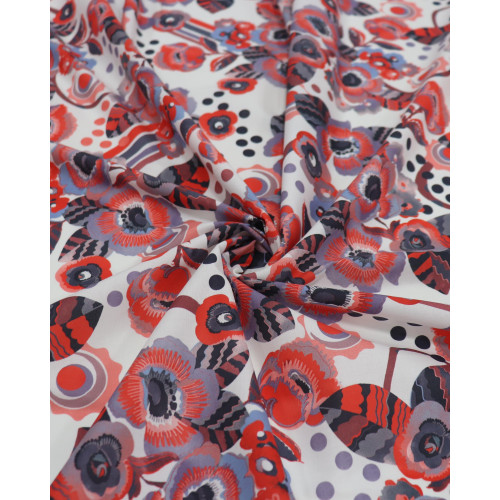 Tecido Tricoline Italiano Jardim de Portulacas Abstrato Azul, Vermelho e Branco