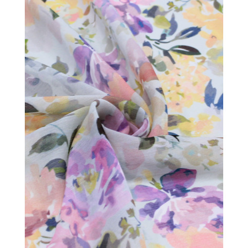 Tecido Crepe Chiffon Italiano Campo de Rosas Abstratas Colorido