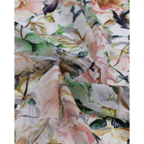 Tecido Crepe Chiffon Toque de Seda Italiano Camélias Coloridas 