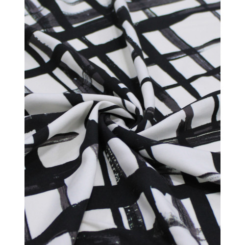 Tecido Viscose Italiano Multi Quadriculado Irregular Preto e Offwhite