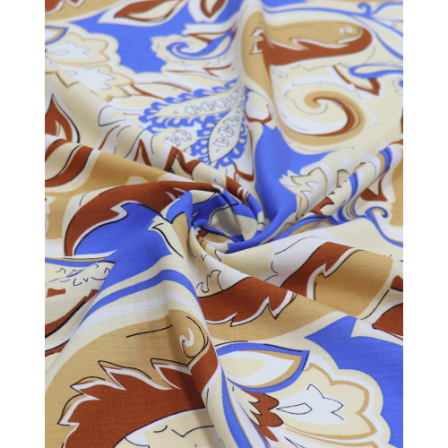 Tecido Viscose Texturizada Macro Arabescos e Folhagens Bege, Caramelo e Azul