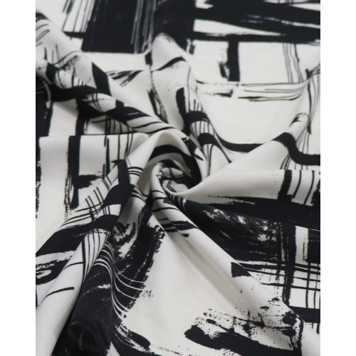 Tecido Viscose Italiano Estampa Geométrica Abstrata Preto e Offwhite