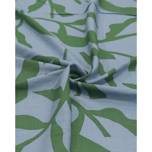Tecido Viscose Texturizada Macro Folhagem Verde e Azul Índigo