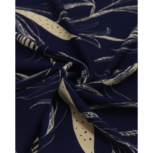 Tecido Crepe Koshibo Macro Ramos Bege e Azul Marinho Noite