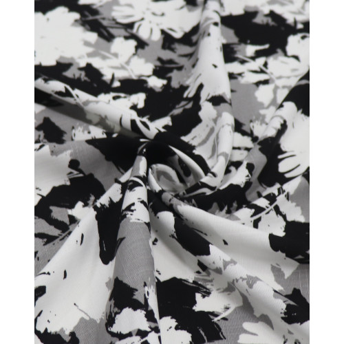 Tecido Viscose Texturizada Macro Flores Branco, Cinza e Preto