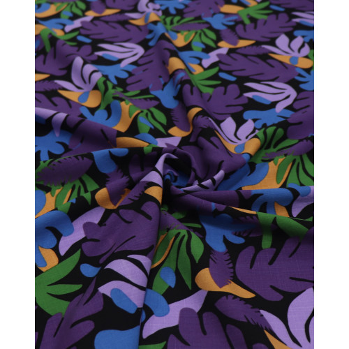Tecido Viscose Texturizada Suculentas Roxo, Azul e Preto